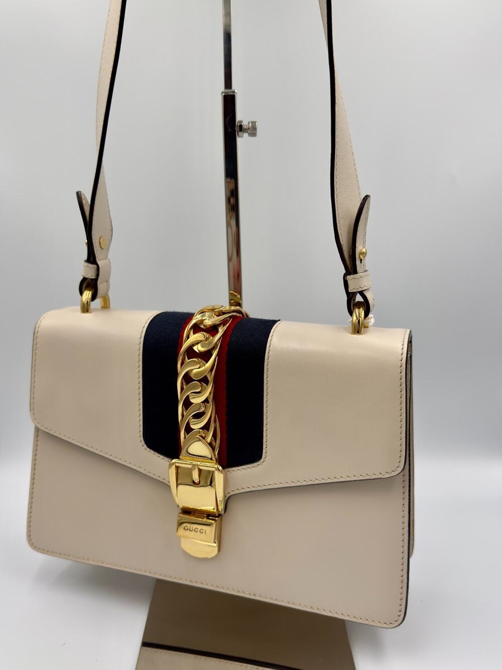 Gucci Sylvie Shoulder Bag Ivory Leather Bee Star Gold Chain Web Stripe Authentic